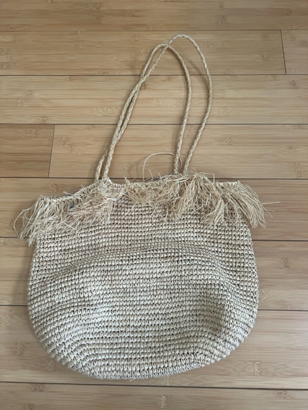 Buji Baja by Hat Attack Jumbo Woven Raffia Fringe Tote Bag Beach Boho Natural